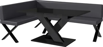 Produktbild von MEBLINI Eckbank für Esszimmer mit ausziehbarem Tisch - Küchenbank - Essecke - Sitzecke Küche - TONI - X-Beine 142x196x87cm Links - Grau Kunstleder/B Schwarz Hochgl.