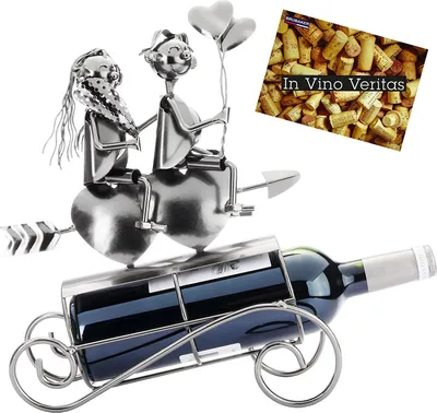 Produktbild von Brubaker Weinflaschenhalter Liebespaar auf Herz Pfeil - Metall Flaschenhalter Paar mit Ballons und Blume - 34 cm Dekoration Flaschenständer mit Grußkarte - Wein Geschenk zum Valentinstag