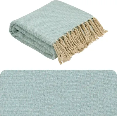 Productafbeelding van Marrakesh deken, wollen sprei, 125x150 cm, klein | Sofaovertrek voor bank en fauteuil | Knuffeldekentje, beddeken voor woonkamer en slaapkamer | Boho woondeken met franjes, blauw