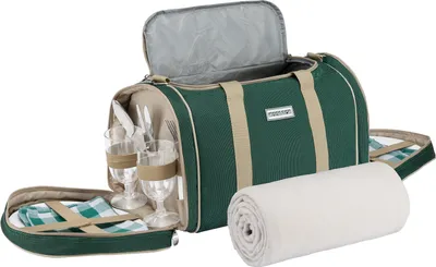 Produktbild von anndora Picknick grün mit Gurten Kühltasche Decke Geschirr Besteck 4 Personen dunkelgrün beige - dunkelgrün/beige