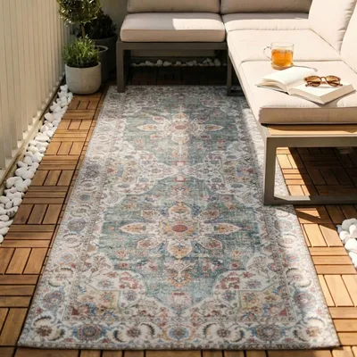 Produktbild von Volero - Waschbarer Läufer - Domingo Mandala Olivgrün - 80x200 cm - Wohnzimmer, Balkon, Garten / Terrasse, Flur - Boho, Orientalisch