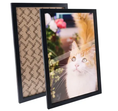 Two black picture frames, one showing the back with a patterned insert and the other showing a cat photo.