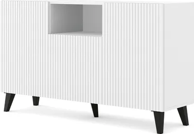 Produktbild von Kommode RAVENNA B 150 cm 2D1DM WEIß MATT / WEIß MATT mit Schwarz Füße US Sideboard MDF 3 Türen Highboard Schrank offene Regale Büfett mit gefräster fronten