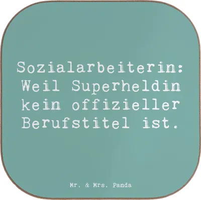 Produktbild von Mr. & Mrs. Panda Tischuntersetzer Spruch Sozialarbeiterin Heldin - Meeresbrise - Geschenk, Berufsprodukte, großes Herz, Beruf, Dankeschön, Untersetzer Tasse, Berufe, Glas