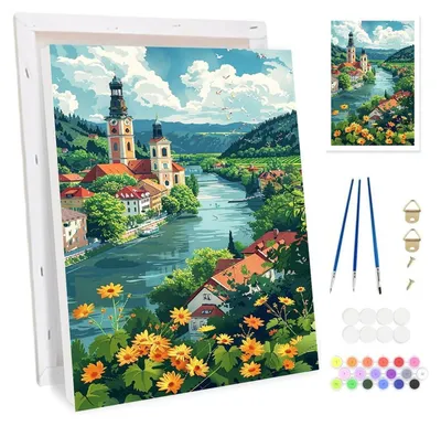 Image de Kit de peinture par numéros pour adultes, avec cadre, représentant une charmante maison de village, toile, peintures acryliques, pinceaux, format 20x30 cm