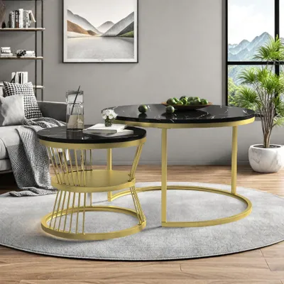 Produktbild von ProximaX Couchtisch 2er Set Satztisch Runder Beistelltisch im Industrial Minimalistisch Design, Kaffeetisch Wohnzimmertisch Sofatisch mit 1,5 cm Platte