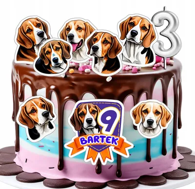 Zdjęcie produktu dla Opłatek Zestaw Urodzinowy Postacie Na Tort - Pies Rasa Beagle Piesek + Imię