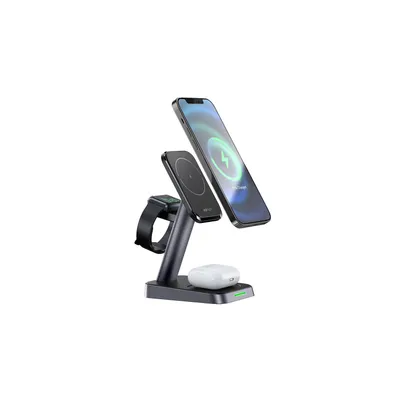 A black wireless charging stand with a phone, watch, and earbuds charging on it.