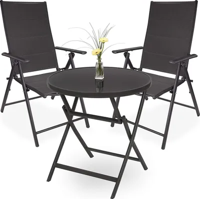 Produktbild von Brubaker Garten Sitzgruppe Riva - 1 Glastisch Klapptisch rund 70 cm Ø mit 2 Hochlehner Stühlen - Wetterfest - Anthrazit