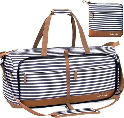 Produktbild von Unyqoos® Reisetasche 60 L für Damen – faltbare Sport- & Weekender-Tasche, blau gestreift, 63×30×28 cm, 600D Oxford, wasserdicht, Schuhfach, 4 Tragearten