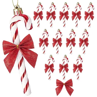 Produktbild von Weihnachtsbaumanhänger Zuckerstangen Dekoration - Rot - 12 Stück - Mit Glitzer und Schleifen