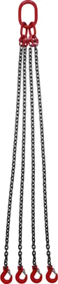 Image de Chaîne de levage - Élingue à 4 brins - Acier au manganèse G80 - Capacité de charge 5 t/5000 kg - Longueur de chaîne 1,5 m - Crochet à griffes - Anneau 22 mm - Rouge