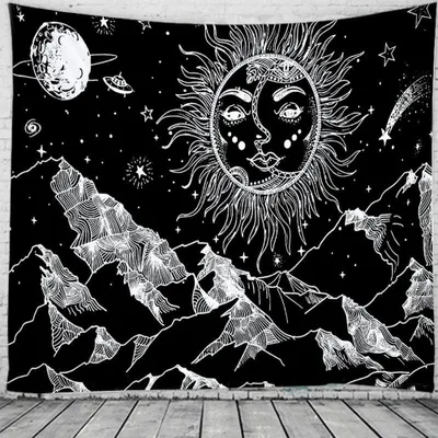 Image de Tapisserie Soleil Et Lune Noir Et Blanc Dieu Brûlant Du Soleil Avec Des Étoiles Tapisserie Psychédélique Pour Chambre Salon Décoration (230 x 180 cm,Couleur 5)