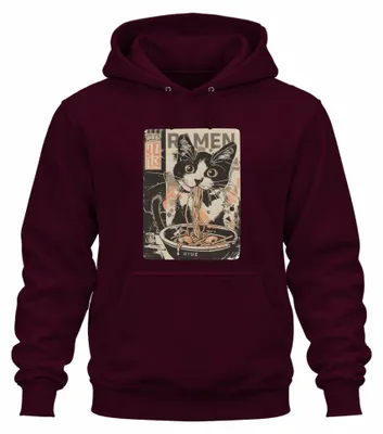 Zdjęcie produktu dla RAMEN Katze, japońska, makaron, jedzenie, Japonia, Y2K, kotek, bluza z kapturem, kolor burgundowy, rozmiar M