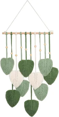Imagen del producto de Adorno de pared de macramé con cuentas de madera y hojas, de 90x40 cm, para la decoración de paredes