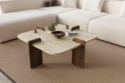 Obrázok produktu pre Skye Decor, moderný konferenčný stolík (90 x 35 x 90 cm), travertín a orech, 100 % melamínom potiahnutá drevotriesková doska | Dodávaný v rozloženom stave, elegantný dizajn pre štýlové obývacie priestory.