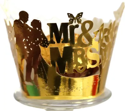 Produktbild von 100 Stück MR & MRS Cupcake Wrappers Artistic Bake Cake Papier Lace Laser Cut Liner Baking Cup Wraps Muffin Case Trays, Candy Sweet Wrapper for Wedding Party Decoration (Gold)