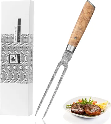 Produktbild von Zayiko Kinone Damast Tranchiergabel I 18 cm Klinge I Wurzelholzgriff Birke