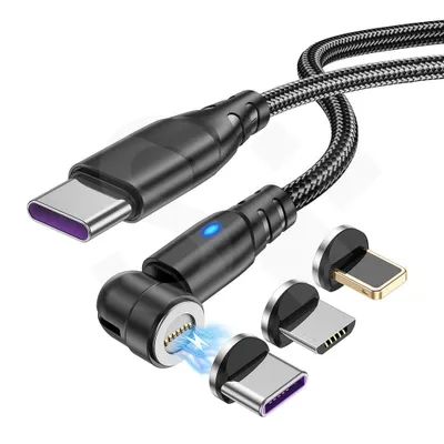 Immagine prodotto di Cavo di ricarica rapida da 100 W per smartphone, laptop e tablet, cavo di ricarica magnetico 3 in 1, USB-C, Lightning, Micro USB, adattatore da USB a USB-C, 1 metro, nero