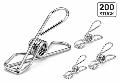 Image de lot de 200 pinces à linge en acier inoxydable [5,3cm x 1cm] | Pinces multi-usages pour linge délicat, serviettes | Pinces universelles pour corde à linge | Clips à linge | Pinces à fixation Pinces à notes | Résistant au vent | 200 pièces