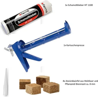 Produktbild von Fermit feuerfester Schamottekleber 310 ml Kartusche, 4x Anzündwürfel, 1   Kartuschenpresse und 1 Paar Nitrilhandschuhe