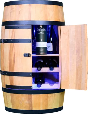 Produktbild von CREATIVE COOPER Weinregal Holz mit Tür mit LED RGB - Weinliegen und Regal - Alkoholschrank Flaschenregal - Holzfass - Fassmöbel - Weinfass - Weinbar - Fass bar mit Tür - 80 cm Eiche
