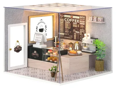 Image de Kit de construction miniature de maison en bois à monter soi-même, avec éclairage LED et protection anti-poussière - Café chaleureux