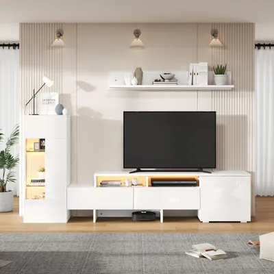 Produktbild von TV Wohnwand Set 3-teilig,Hochglanz TV Wohnzimmermöbel-Set mit LED,modernes TV-Schrank,stehend und hängend,Acryl-Schranktüren,TV bis 70',Weiß