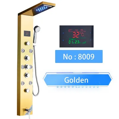 Zdjęcie produktu dla Panel prysznicowy LED, wiele funkcji wodnych, cyfrowy wyświetlacz temperatury, złoty 8009