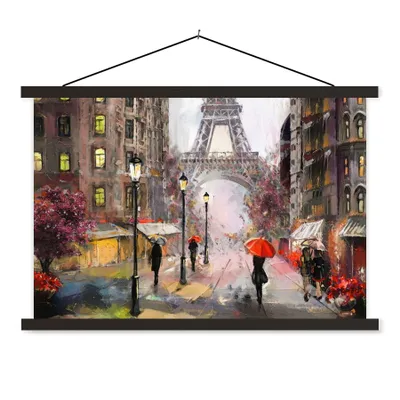 Produktbild von MuchoWow® Textilposter Gemälde - Paris - Eiffelturm - Regenschirm - Ölgemälde 120x80 cm mit schwarzem Rahmen - Wanddeko