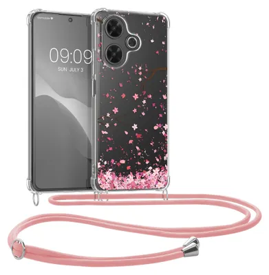Produktbild von kwmobile Necklace Case kompatibel mit Xiaomi Redmi 13 Hülle - Silikon Cover mit Handykette - Rosa Dunkelbraun Transparent Kirschblütenblätter