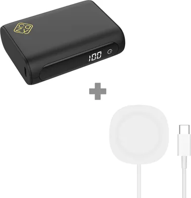 Produktbild von Cazy USB-C PD Powerbank 10.000mAh - Schwarz + 2-in-1 Magnetisches Drahtloses Ladepad 15W, kabelloses Laden, Powerbündel, geeignet für Smartphones/Tablets