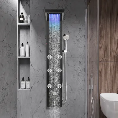 Immagine prodotto di Aopunly pannello doccia per bagno Sistema doccia idromassaggio Doccia a pioggia Pannello doccia multifunzionale 6 grandi getti massaggianti Colonna doccia, nera