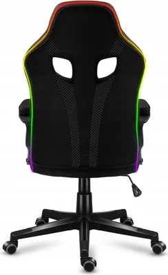 The back view of a black gaming chair with RGB LED lighting around the edges.
