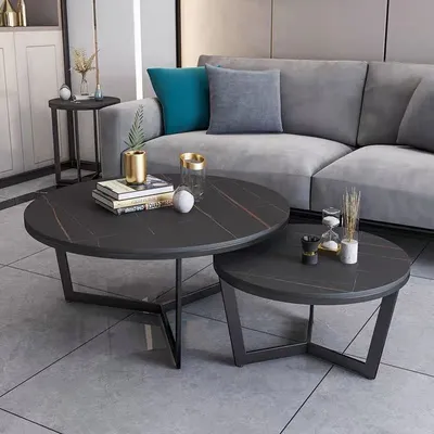 Produktbild von Edles Beistelltisch 2er Set mit schwarzer MDF Platte Marmor Optik schwarzer Rahmen 80cm Kaffeetisch Couchtisch Wohnzimmertisch Rund