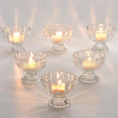 Imagen del producto de Soportes para velas pequeñas de vidrio transparente - Juego de 6 - Soportes para velas votivas con velas pequeñas - Velas flotantes
