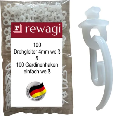 Produktbild von rewagi 100 Drehgleiter Laufnut 3,8 - 4,2 mm & 100 Gardinenhaken einfach, für Gardinenschiene - weiß - Überklipshaken, Faltenhaken, Faltenlegehaken