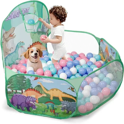 Produktbild von Dinosaurier Kinderballenbad 120 cm, Faltbares Pop-up Bällebad, mit Basketballring, für Innen und Außen