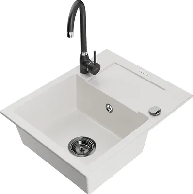 Produktbild von Mexen Enzo 1 Becken-Granitspüle mit Abtropffläche und Mischbatterie Telma, Weiß - 6506-20-670200-70