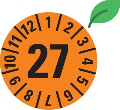 Produktbild von Dreifke® Prüfplakette 27, orange, ökologische Folie, selbstklebend, Ø 30mm, 1...