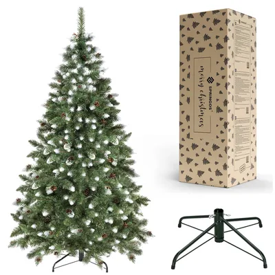 A Christmas tree, its packaging box, and a tree stand are displayed against a white background.