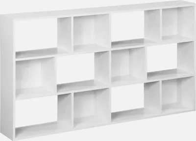 A white modular shelving unit with multiple compartments against a white background.