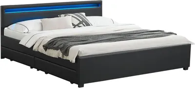 Obrázek produktu pro Čalouněná postel Lyon 28964, rám postele s boxy, LED osvětlením a lamelovým roštem, 180 x 200 cm, černá
