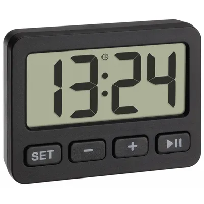 A digital alarm clock is shown against a light gray background.