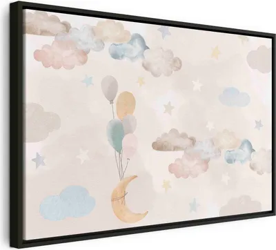 Produktbild von Italienischer Leinwand Leinwandbild - Fairy-Tale Moon - Pastel Moon with Balloons Among Colorful Clouds and Stars in Subdued Colors on a Light Background 90x60 cm Für Kinder e-C-10059-b-a
