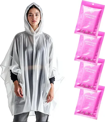Produktbild von Regenponcho Festival Wasserdicht - Regencape Festival Einweg - Regenponcho Damen & Mann - Transparent mit Kapuze - Notfall Poncho Reise, Wandern, Camping - Einweg Poncho 4er-Pack - Pink Mist Edition