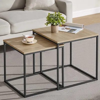 Obrázek produktu pro Konferenční stolek sada 2 čtvercových stolků v podkrovním designu 2 v 1 s povrchem odolným proti poškrábání, obývací pokoj | 50 cm a 45 cm široký dub Sonoma s černými nohami
