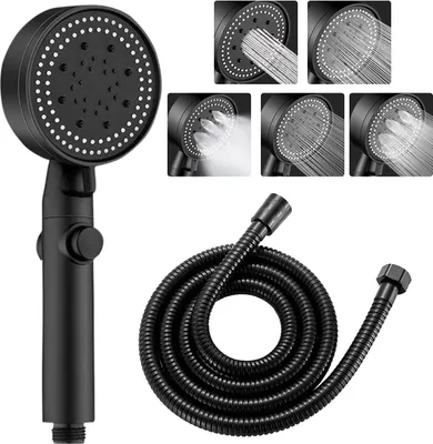 Produktbild von Wassersparender Duschkopf mit Schlauch, 1.5M Schlauch für Duschkopf mit Wasserstop Schwarz, 5 Modi Sparduschkopf Schwarz, 9 cm Durchmesser Hochdruck Duschkopf, Handbrause für Badezimmer