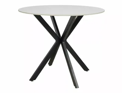 A round dining table with a white top and a black, star-shaped base, isolated on a white background.