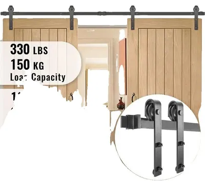 Obrázek produktu pro Sada kování pro posuvné dveře, materiál: uhlíková ocel, délka kolejnice: 366 cm, nosnost až 150 kg, vhodná pro dveře o tloušťce 35-45 mm, obsahuje 4 závěsy